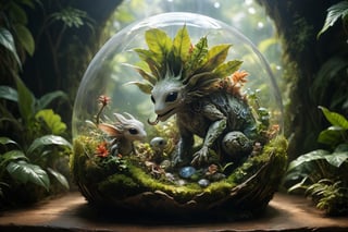 an intricate delicate porcelain sculpture placed inside a tropical lush terrarium with surreal alien like critters spanning the range between fantastical and realistic, robotic and organic, artistic composition, masterpiece quality, highly detailed, bathed in warm natural light of an early morning sun, (chiaroscuro), side light casting long shadows