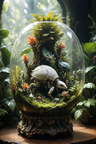 an intricate delicate porcelain sculpture placed inside a tropical lush terrarium with surreal alien like critters spanning the range between fantastical and realistic, robotic and organic, artistic composition, masterpiece quality, highly detailed, bathed in warm natural light of an early morning sun, (chiaroscuro), side light casting long shadows