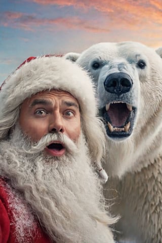 Santa Claus with a ((surprised face expression:1.5)) preparing for a selfie with a majestic polar bear, 8k UHD, raw photo, highly detailed, rich and warm color scheme, flowing hair, thick beard, artistic portrait, smooth, perfect composition, at sunrise, winter landscape background, cinematic  moviemaker style