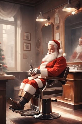 Santa in a classic barber shop getting his beard trimmed, artistic composition, masterpiece, shuicaixiaodian