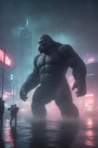 an apocalyptic flooded metropolis with neon lights scattering in a thick fog at night, down the street an ominous outline silhoutte of an enormous king kong grappling with godzilla is just barely visible through the many layers of fog, leading lines, dynamic composition, art_booster