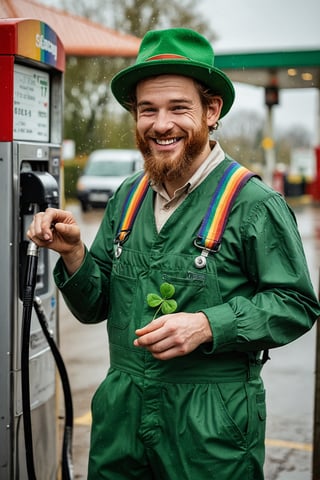 an ecstatic leprechaun is pouring a rainbow from a gas pump at a gas station in the rain. dressed in green overalls with four leaf clover stitching. warm and serene presence. perfect happy eyes, perfect anatomy, artistic composition, best quality, (((masterpiece))), best details, realistic skin texture, Sony A7R IV, Sony FE 50mm f/1.2 GM, warm natural light