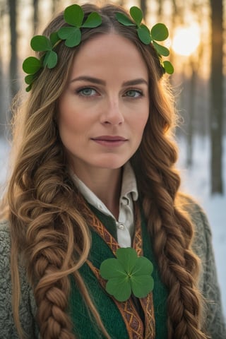 35 year old female leprechaun in a lush snowy forest at sunrise, long flowing braided hair, warmth, determination, poise, eyes glimmering with warm hues, clothes adorned with a geometric four leaf clover pattern, perfect eyes, perfect anatomy, artistic composition, masterpiece quality, high-detail, realistic skin texture, captured with Sony A7R IV, Sony FE 50mm f/1.2 GM lens, bathed in warm natural light, ultra-realistic