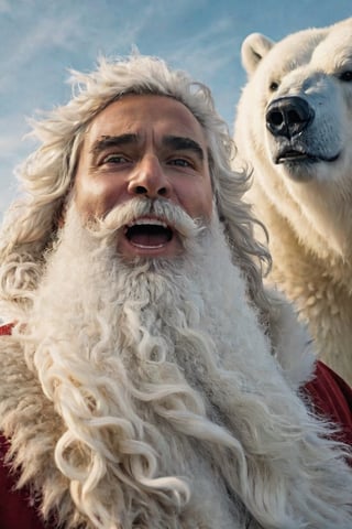 Santa Claus with a (furled brow face expression:1.5) preparing for a selfie with a majestic polar bear, 8k UHD, raw photo, highly detailed, rich and warm color scheme, flowing hair, thick beard, artistic portrait, smooth, perfect composition, at sunrise, winter landscape background, cinematic  moviemaker style