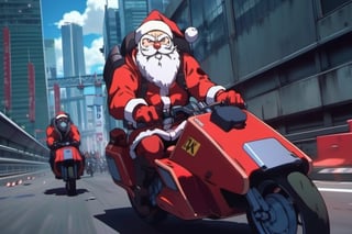 in the anime style of Akira, Santa Claus as a character in the anime Akira, riding the iconic futuristic motorcycle from this anime, chasing a group of masked gift thieves, epic scene, anime style, movie scene, 4k