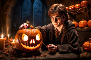 harry potter carving a glowing pumpkin, (((small spiders crawling))) out of the pumpkin, in a dark medieval castle, dimly lit, candlelight, moody, at night, depth of field, dark theme, night, soothing tones, muted colors, high contrast, hyperrealism, soft light