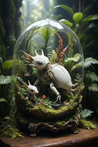 an intricate delicate porcelain sculpture placed inside a tropical lush terrarium with surreal alien like critters spanning the range between fantastical and realistic, robotic and organic, artistic composition, masterpiece quality, highly detailed, bathed in warm natural light, side light casting long shadows