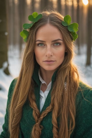 35 year old female leprechaun in a lush snowy forest at sunrise, long flowing braided hair, warmth, determination, poise, eyes glimmering with warm hues, clothes adorned with a geometric four leaf clover pattern, perfect eyes, perfect anatomy, artistic composition, masterpiece quality, high-detail, realistic skin texture, captured with Sony A7R IV, Sony FE 50mm f/1.2 GM lens, bathed in warm natural light, ultra-realistic