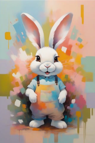 At the center of a charming studio stands a petite, wide-eyed extremely happy bunny, its fur a patchwork of gentle pastels, each shade echoing the colors of the scattered paints. A painter's smock drapes over its form, adorned with splotches of vibrant pigments. Delicately, the bunny dips its brush into a palette of vivid hues. The canvas before it is a burst of lively chaos, a testament to the bunny's artistic fervor. The room exudes a serene ambiance, a sanctuary where creativity thrives, encapsulated in the bunny's earnest endeavor, dripping paint,lofi