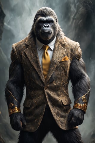 (rich fuzzy fur:1.2), full body portrait of a dashing and dapper King Kong, powerful figure, the animal king radiates strength and determination. his beastly features exhibit an intimidating yet trustworthy appearance. his eyes glimmer with the colors of an active volcano. dataviz patterns in shades of earth and gold decorate his coat, perfect eyes, looking at the camera, perfect anatomy, artistic composition, best quality, (((masterpiece))), high quality, best details, realistic skin texture, Sony A7R IV, Sony FE 50mm f/1.2 GM, warm natural light, dataviz style