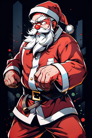 (cel-shading style:1.3), (tetradic colors), (ink lines:1.1), strong outlines, bold traces, flat colors, flat lights, anime design for tee shirt graphic, gritty colors, a super determined Santa Claus in a fighting stance ready to execute a secret martial art technique to beat a group of masked gift thieves