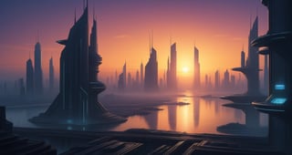 ukyoe style drawing of a futuristic cyberpunk city at sunrise,<lora:659095807385103906:1.0>