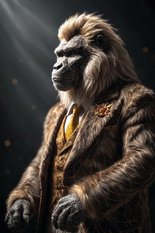 (rich fuzzy fur:1.2), lifestyle portrait of a dashing and dapper King Kong, powerful figure, the animal king radiates strength and determination. his beastly features exhibit an intimidating yet trustworthy appearance. his eyes glimmer with the colors of an active volcano. dataviz patterns in shades of earth and gold decorate his coat, perfect anatomy, artistic dynamic composition, best quality, (((masterpiece))), high quality, best details, realistic fur, Sony A7R IV, Sony FE 50mm f/1.2 GM, warm natural light, dataviz style