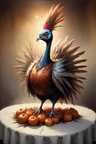 a thanksgiving turkey performing a traditional celebratory dance on the holiday dining table, thanksgiving feast, surrealism, irony, in the style of esao andrews, Gric