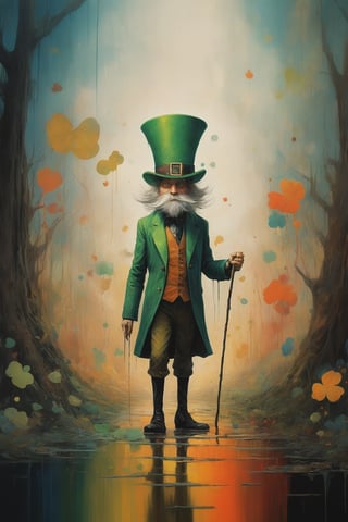 in a colorful surreal world a leprechaun is exploring the mythical forest where gigantic four leaf clovers are like trees and rainbow colored fluffy birds are dropping golden coins, abstract minimalism, leading lines, artistic composition, masterpiece, 8k uhd, in the style of esao andrews, James Gilleard, dripping paint