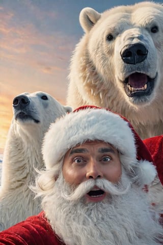 Santa Claus with a ((surprised face expression:1.5)) preparing for a selfie with a majestic polar bear, 8k UHD, raw photo, highly detailed, rich and warm color scheme, flowing hair, thick beard, artistic portrait, smooth, perfect composition, at sunrise, winter landscape background, cinematic  moviemaker style