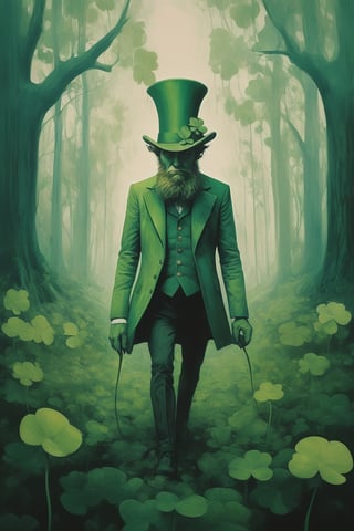 in a colorful surreal world a green leprechaun exploring a forest made of gigantic four leaf clovers, abstract minimalism, leading lines, artistic composition, masterpiece, 8k uhd, in the style of esao andrews, James Gilleard, dripping paint