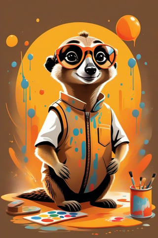 Illustration of a charming scene with a cute biomechanical meerkat splashing paints all over the cosy art studio. capture the meerkat's effusive happiness, looking at the camera. playful visual narrative. tshirt design, Flat Design,portrait_futurism