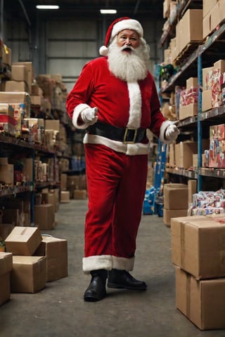 (Santa Claus inspecting toys and enraged after noticing that a lot of the toys he's about to deliver have missing or extra limbs), 8k UHD, raw photo, highly detailed, rich deep color scheme, flowing hair and beard, full body portrait, smooth, perfect composition, perfect body, in an industrial warehouse full of toys and Santa helpers preparing gift packages, cinematic  moviemaker style