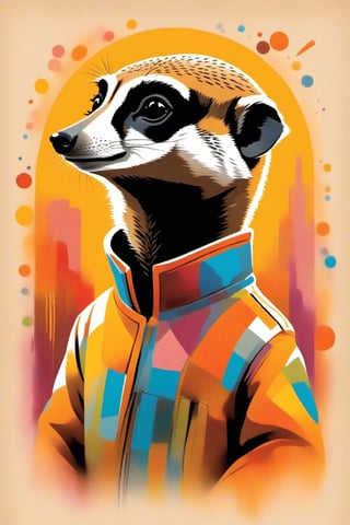 At the center of a charming studio stands a petite, wide-eyed extremely happy meerkat, its fur a patchwork of gentle pastels, each shade echoing the colors of the scattered paints. A painter's smock drapes over its form, adorned with splotches of vibrant pigments. Delicately, the meerkat dips its brush into a palette of vivid hues. The canvas before it is a burst of lively chaos, a testament to the meerkat's artistic fervor. tshirt design, Flat Design,portrait_futurism