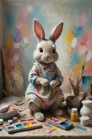 At the center of a charming studio stands a petite, wide-eyed bunny, its fur a patchwork of gentle pastels, each shade echoing the colors of the scattered paints. A painter's smock drapes over its form, adorned with splotches of vibrant pigments. Delicately, the bunny dips its brush into a palette of vivid hues, its fluffy tail swaying with reserved excitement. The canvas before it is a burst of lively chaos, a testament to the bunny's artistic fervor. The room exudes a serene ambiance, a sanctuary where creativity thrives, encapsulated in the bunny's earnest endeavor. dripping paint