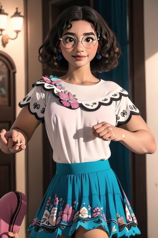(masterpiece,  best quality:1.2),  (depth of field:1.1),  MirabelST,  1girl,  dancing,  smirk,  seducing,  (white blouse:1.2),  (short teal skirt:1.2),  pink shoes,  curly hair,  glasses brown eyes,  city at night,  masterpiece,  highness,  perfect face,  perfect picture,  detailed eyes , sharp focus, naked, nude, cleavage, NSFW
