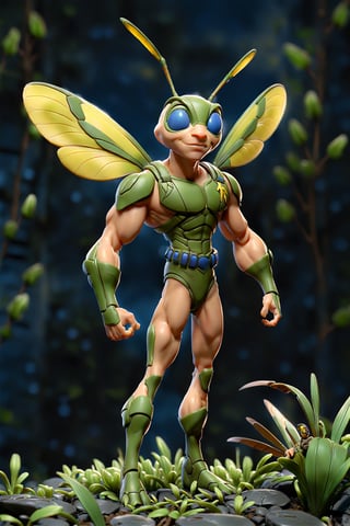 the hopper, skinny tiny superhero, insect-human hybrid, microscopic hero pose, in a overgrown ruin grassland at night, armor, fireflies, depth of field, sharp focus, sub surface scattering, glow, dust, particles, micro, macro
