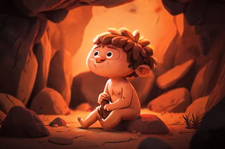 a cute baby caveman sitting in a cave, prehistoric, micro, depth of field, cinematic, color grading