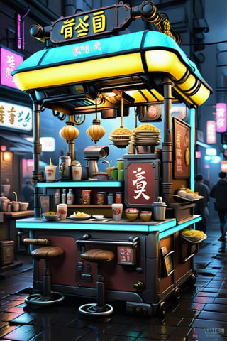 a cyberpunk steampunk noodles kiosk, night, customers, steam, eating ramen, streets, puddles, rain, futuristic, neon, robots, androids, aliens