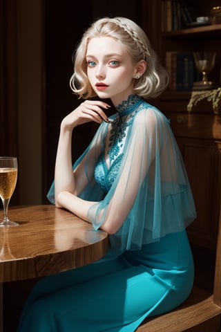 a woman sitting at a table, by Valerie Petts, tumblr, intricate fancy dress, teal tones, valentino official editorial, pale hair, perfecteyes