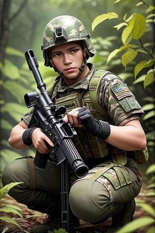 Perfect photo in daylight, ultra 8k quality, realistic colors, a camouflaged soldier in the jungle ready to shoot with a rifle, camouflage painted helmet with leaves, machine gun hidden among the leaves crouching