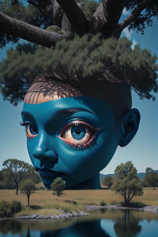 an eye in a tree near water, in the style of brian despain, dripping paint, expansive landscapes, highly detailed, surrealistic urban scenes, mars ravelo, mati klarwein 