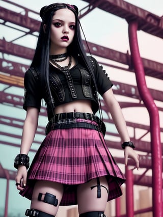 Wednesday Addams posing for a sexy photo in a flared striped mini skirt and pink buccaneer tights with pom poms