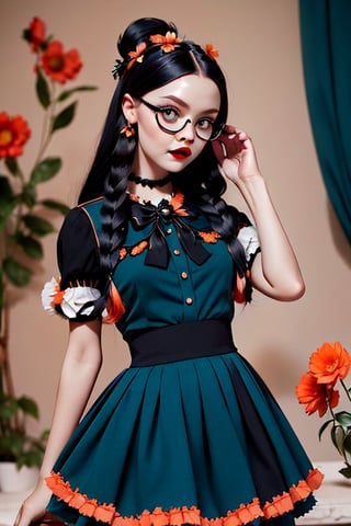 woman, flower dress, colorful, darl background, flower armor, green theme, exposure mix, medium shot, bokeh (hdr: 1.4), high contrast (cinematic, teal and orange: 0.85), ( muted colors, subdued colors, calming tones: 1.3), low saturation, white glasses holding a black cat