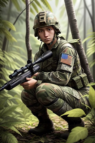 Perfect photo in daylight, ultra 8k quality, realistic colors, a camouflaged soldier in the jungle ready to shoot with a rifle, camouflage painted helmet with leaves, bazooka hidden among the leaves crouching