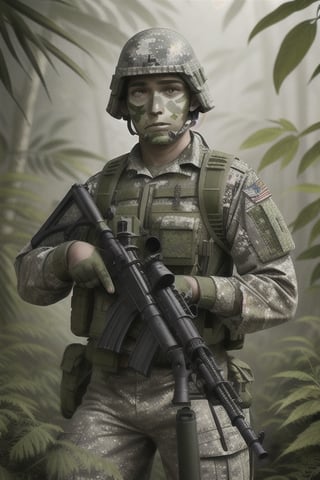 daylight perfect photo ultra quality 8k realistic realistic colors a camouflaged soldier in the jungle ready to shoot with a rifle camouflage painted face helmet with leaves machine gun