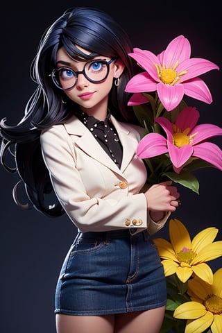 (((black hair))) ((sapphire blue eyes) )) white skin red lips, in a square surrounded by flowers with a yellow red and purple flowered miniskirt See the world through an unmatched style. 👓✨ These glasses are not only a fashion statement, but also a way to see life with clarity and elegance. With their modern and sophisticated design, they perfectly complement my look. Whether it's for work or a day of adventure, these glasses are my favorite accessory. 💼 #EstiloConVision #ModaYFuncionalidad, 3DM, ,, , 3DMM