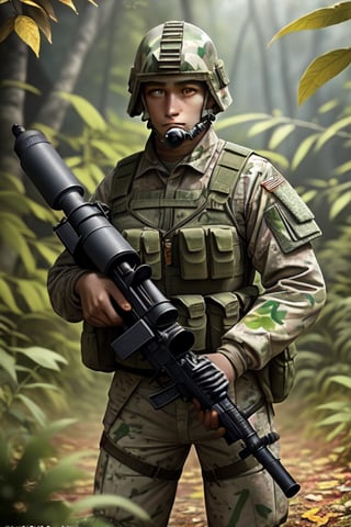 Perfect photo in daylight, ultra 8k quality, realistic colors, a camouflaged soldier in the jungle ready to shoot with a camouflage painted helmet bazooka with leaves, bazooka hidden among the leaves aiming at the target body on the ground