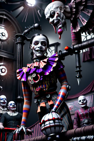 realistic natural light, hyper realistic, cinematic, cinematic light, best quality, high resolution, award winning photo 8k, 3d. 2 scary clowns with mechanical prosthetics in a freaky world circus of freaky monsters bloody knife,Game of Thrones,perfecteyes