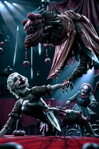 realistic natural light, hyper realistic, cinematic, cinematic light, best quality, high resolution, award winning photo 8k, 3d. 2 scary clowns with mechanical prosthetics in a freaky world circus of freaky monsters bloody knife,Game of Thrones