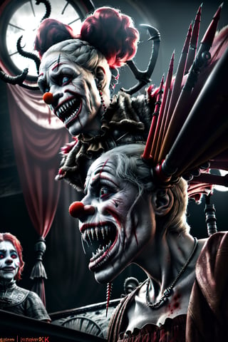 realistic natural light, hyper realistic, cinematic, cinematic light, best quality, high resolution, award winning photo 8k, 3d. 2 scary clowns with mechanical prosthetics in a freaky world circus of freaky monsters bloody knife,Game of Thrones