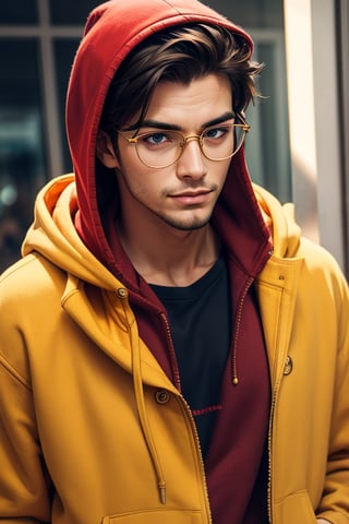 attractive guy in gold metal glasses and red hoodie
