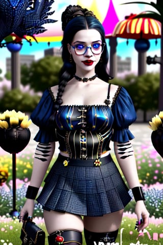realistic natural light, hyper realistic, cinematic, cinematic light, best quality, high resolution, award winning photo 8k, 3d. 2 scary clowns with mechanical prosthetics in a freaky world circus of freaky monsters bloody knife,Game of Thrones,perfecteyes((black hair))) ((sapphire blue eyes) )) white skin red lips, in a square surrounded by flowers with a miniskirt of yellow flowers See the world through a style 
 peerless. 👓✨ These glasses are not only a fashion statement, but also a way to see life with clarity and elegance. a killer clown terrifer stalks her. With their modern and sophisticated design, they perfectly complement my look. Whether for work or a day of adventure, these glasses are my favorite accessory. 💼 #StyleWithVision #FashionAndFunctionality, 3DM, ,, , 3DMM