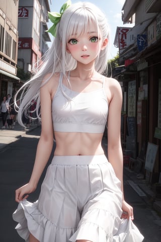 small white sports bra, cute white skirt, ((tiny boobs:1.1)),
(real-looking-skin), (cute features), (green eyes), blushing,
((slim fit body)), (real-looking-eyes-iris),
natural cinematic lighting,
walking down the main street in japan with cherry trees blooming pink and sun behind head giving good lighting wind blowing under skirt lifting it with long white hair with green ribbons in it,
((professional photo highly defined)), 
white hair, green ribbons,
realistic, best quality, photo-realistic,
8k, best quality, masterpiece, realistic, photo-realistic, nfsw, perfect small boobs, long skirt,