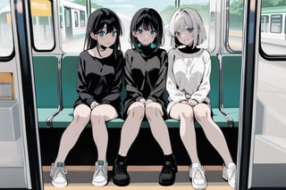 masterpiece, in the style of a digital manga in colour, high contrast, colour, detailed background,
centered medium shot:0.7, zoomed out,, full body,
2girls, sitting next to eachother, against wall, sitting on bus, buss interior background, 1girl wearing black sweater and short hair, 1girl wearing white sweater and long hair, inside subway train
