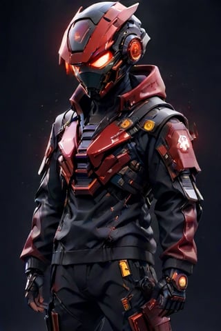 (masterpiece, best quality:1.5), man, jacket, hoodie , cyberpunk mask, evangelion mask ,ironman mask, robotic mask,robot, led around the helmet, dark face, combination color of black and red, cargo pants, nike sneakers, look on viewer, japanese word on armor, pixel style, central view, scary, hues, Movie Still, cyberpunk, cinematic scene, intricate mech details, ground level shot, 8K resolution, Cinema 4D, Behance HD, polished metal, shiny, data,cyberpunk style,cyborg,<lora:659095807385103906:1.0>