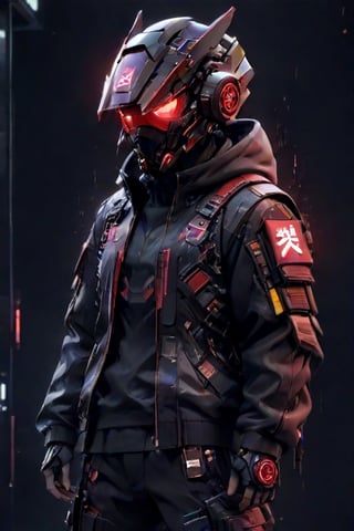 (masterpiece, best quality:1.5), man, jacket, hoodie , cyberpunk mask, gundam mask ,robot, led around the helmet, dark face, combination color of black and red, cargo pants, nike sneakers, look on viewer, japanese word on armor, pixel style, central view, scary, hues, Movie Still, cyberpunk, cinematic scene, intricate mech details, ground level shot, 8K resolution, Cinema 4D, Behance HD, polished metal, shiny, data,cyberpunk style,cyborg,<lora:659095807385103906:1.0>