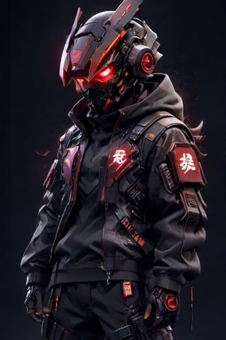 (masterpiece, best quality:1.5), man, jacket, hoodie , cyberpunk mask, gundam mask ,robot, led around the helmet, dark face, combination color of black and red, cargo pants, nike sneakers, look on viewer, japanese word on armor, pixel style, central view, scary, hues, Movie Still, cyberpunk, cinematic scene, intricate mech details, ground level shot, 8K resolution, Cinema 4D, Behance HD, polished metal, shiny, data,cyberpunk style,cyborg,<lora:659095807385103906:1.0>