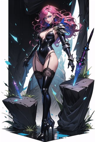 ((masterpiece, best quality)), 1 girl splitting a rock, Assassin, sexy lips, Handling 1 small Cristal Dagger, Latex Armor, Long curly hair, Multicolored hair, Blue and red hair,  Blue eyes, mixes realistic and fantastical elements, vibrant manga, uhd image, vibrant illustrations, full body, Black latex suit, big_boobies ,lingerie laces detailed, lace stockings, Dungeon Background, Night_background, high_heels, night_sky, human_hands, rocks, front view, angriest face,
