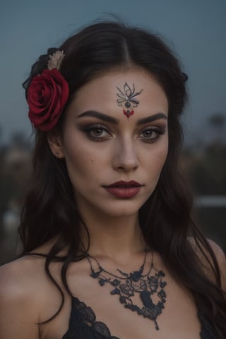 Midnight in a lunar-lit cemetery, a stunning woman stands amidst the shadows. Wearing a striking red dress and adorned with black roses on her head, she exudes Dia de los Muertos elegance. Her makeup is bold and vibrant, with a focus on defined eyes and eyelids that seem to sparkle under the moon's gentle glow. The camera captures her alluring features in a shallow depth of field, with a subtle film grain adding texture to the scene. Her skin is a masterpiece of detailed realism, complete with visible pores and anatomically correct anatomy. As she gazes aside, her slender figure and Catrina-inspired beauty are set against a hauntingly beautiful backdrop of moonlit tombstones.